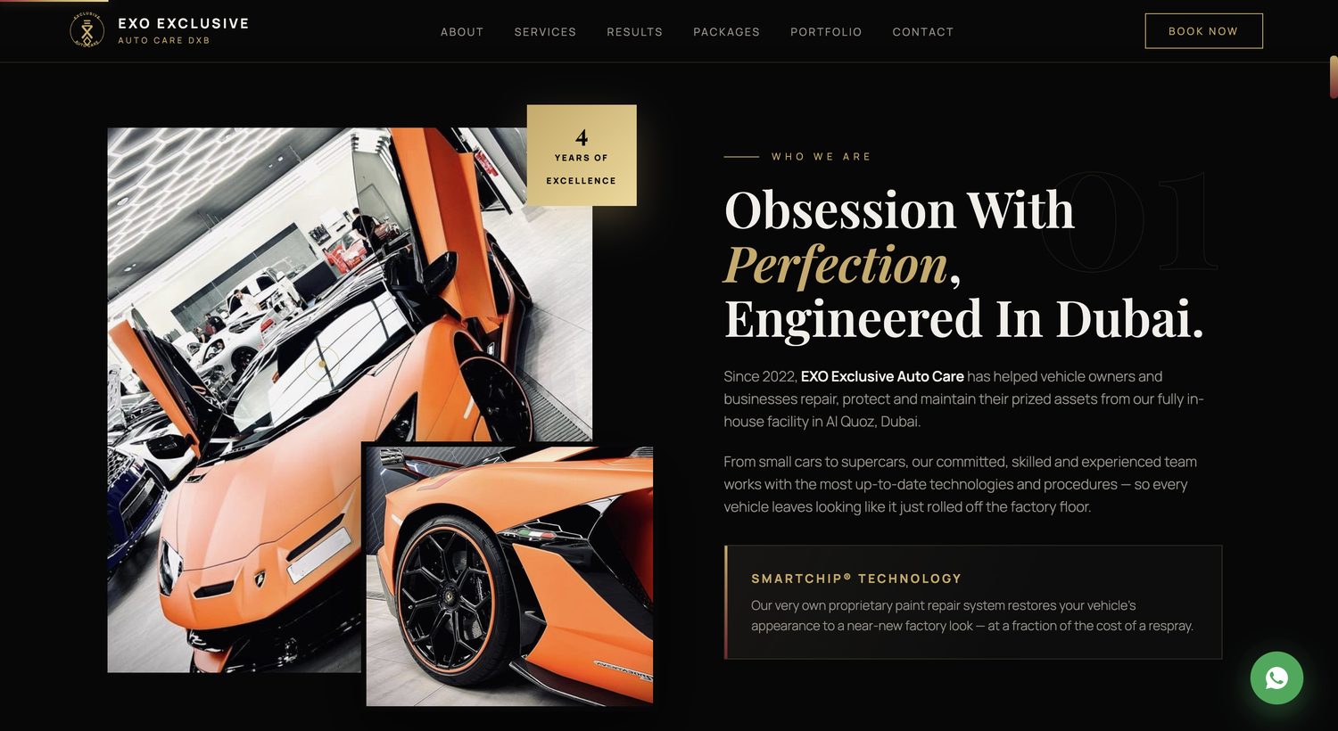 EXO Exclusive Auto Care website homepage, dark luxury design with supercar photography
