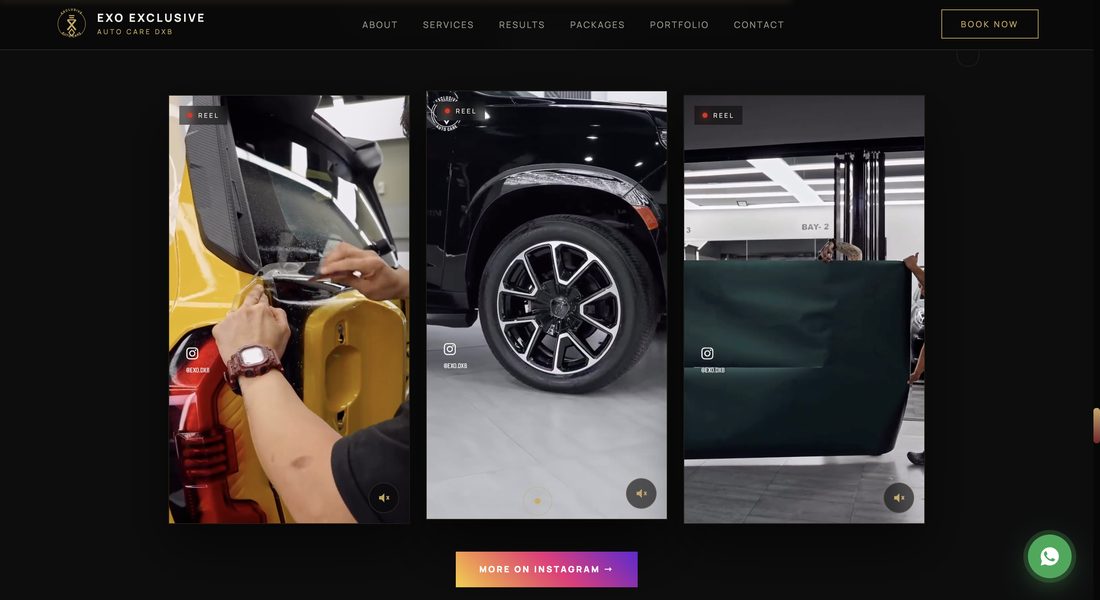 Three embedded shop reels on the EXO website