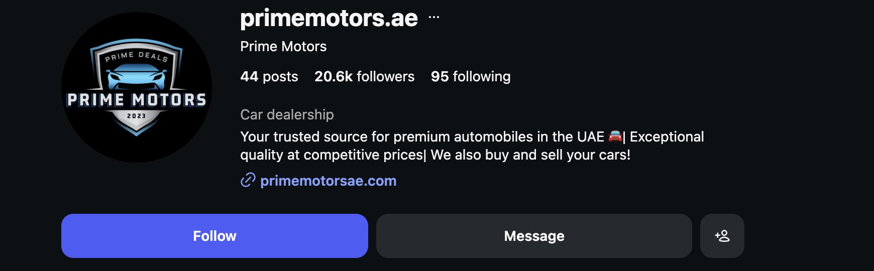 Prime Motors Instagram profile at 20.6K followers after working with UpscaleX