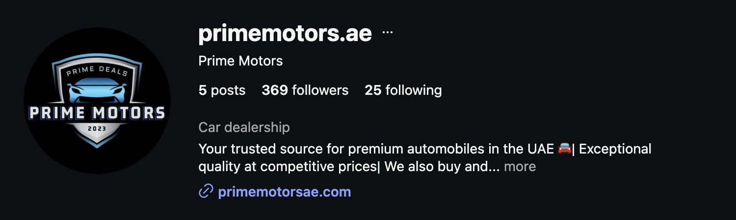 Prime Motors Instagram profile at 369 followers before working with UpscaleX
